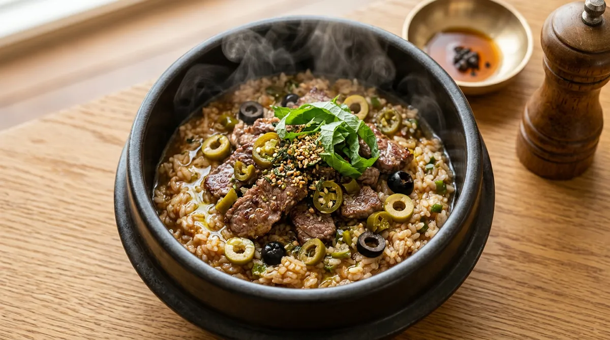 할라피뇨 스테이크 솥밥, 매운맛이 올리브랑 만나니까 생각보다 잘 어울려요