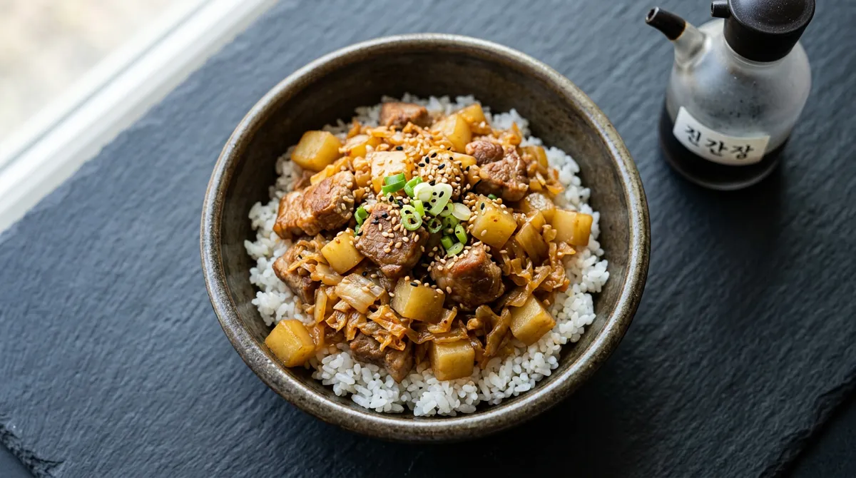 김치목살감자덮밥, 씻은 김치에 감자까지 넣으니까 밥이 두 그릇씩 들어가요