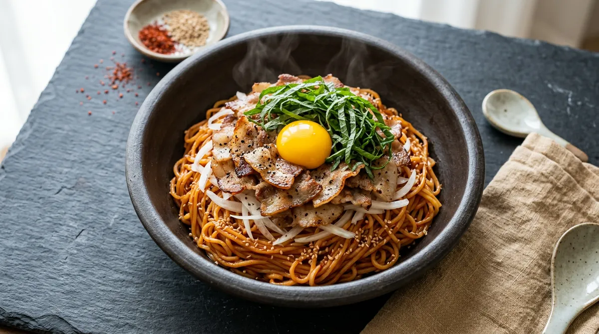 Thin Pork Belly Spicy Noodles - Burst the Egg Yolk and Mix It In for a Truly Creamy Difference
