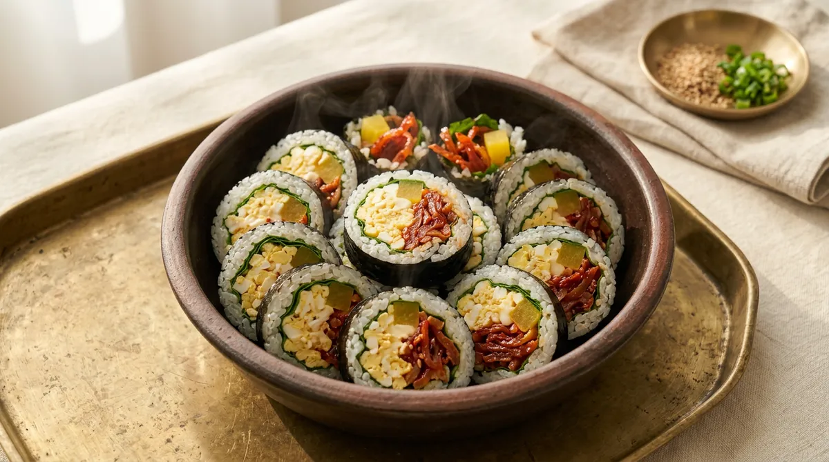 진미채 김밥, 스크램블이랑 고추장 무침이 같이 들어가니까 고소하고 달달해요