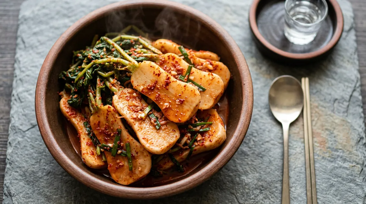 총각김치, 찹쌀풀 뜨거울 때 고춧가루 넣으니까 색이 제대로 살아요