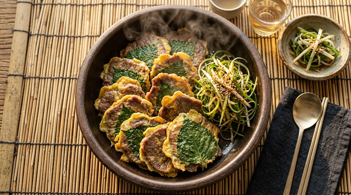 소고기육전, 찹쌀가루에 깻잎 붙여 부치니까 명절 반찬가게 맛 그대로예요