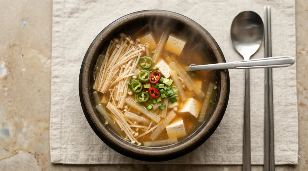Enoki Mushroom Doenjang Soup, Using Anchovy Stock Makes It Taste Amazing for Very Little Cost