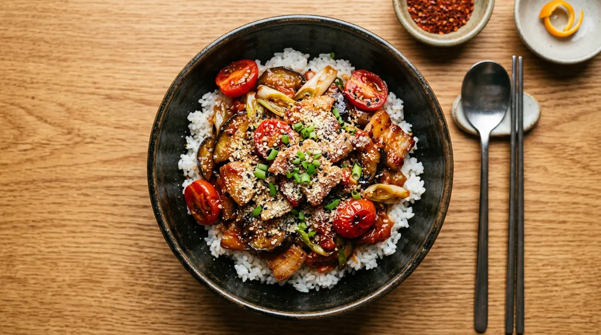 삼겹살 가지덮밥, 케찹이랑 된장 같이 넣었더니 생각지도 못한 맛이 나요