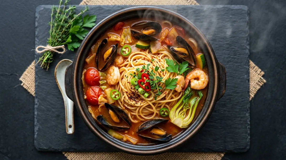 토마토 짬뽕 파스타, 한 냄비에 국물이랑 면이 같이 되니까 진짜 해장되는 맛이에요
