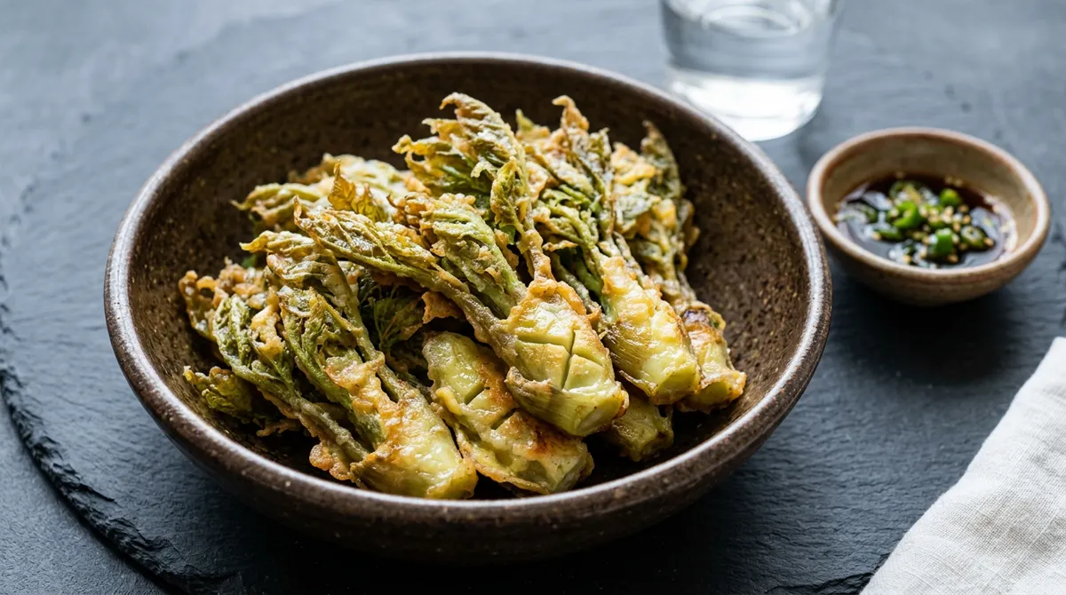 Aralia Shoot Pancake - Score, Blanch, Coat with Batter and Egg, Pan-Fry for a Nutty Flavor