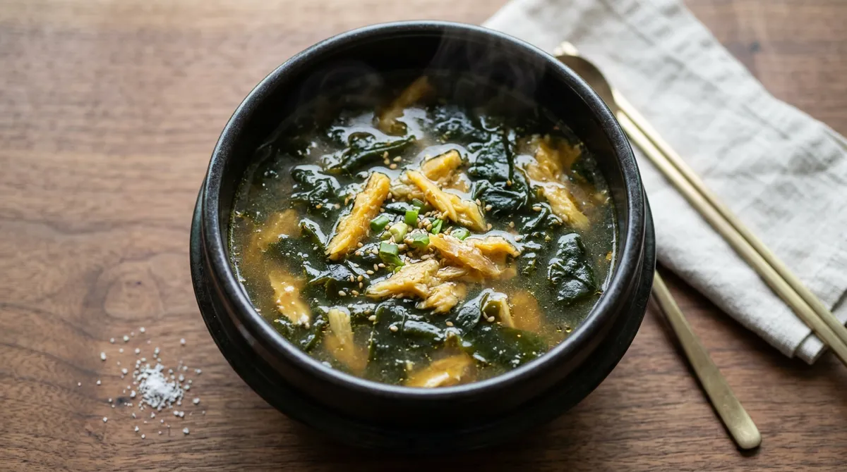Dried Pollack and Seaweed Soup, Sauteing in Sesame Oil Creates a Rich Broth