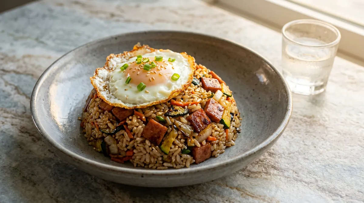 Spam Fried Rice, Making Scrambled Eggs Separately on Top Gives a Restaurant Feel