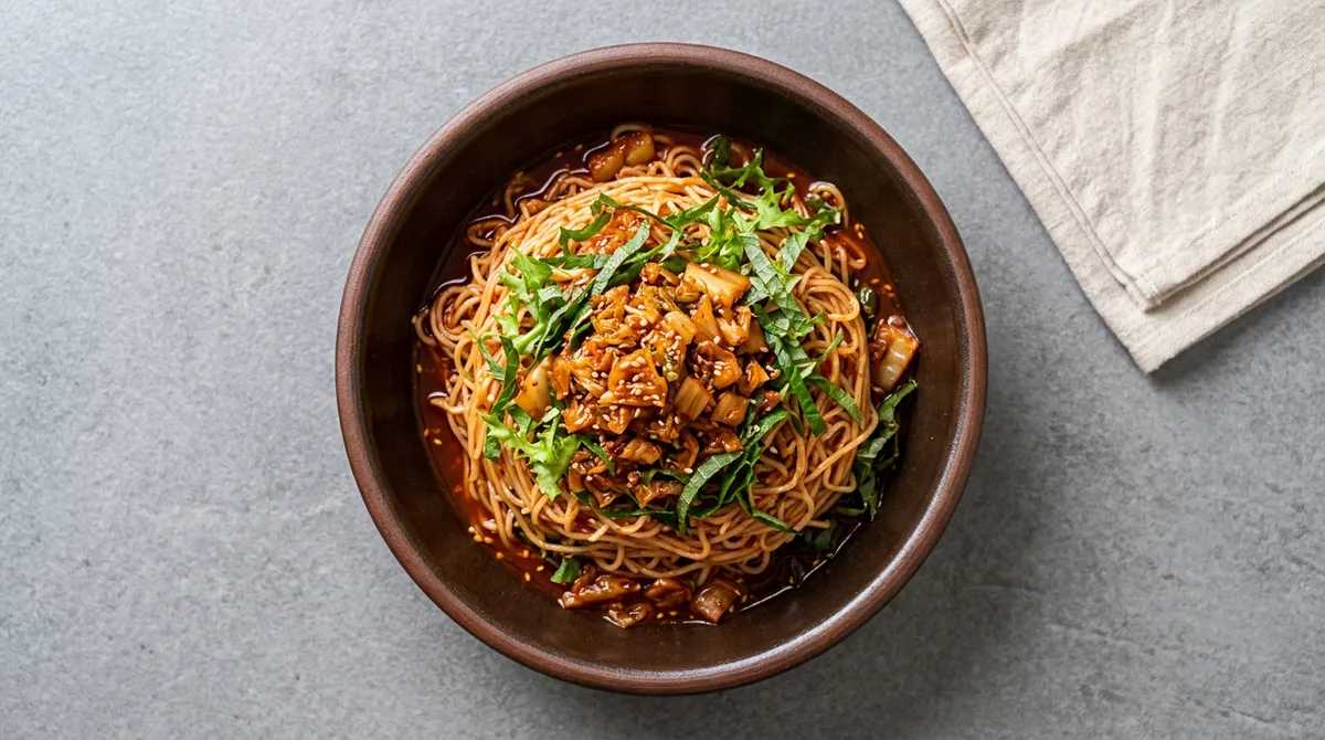 김치비빔국수, 찬물 중간에 부어주면 면이 쫄깃해요