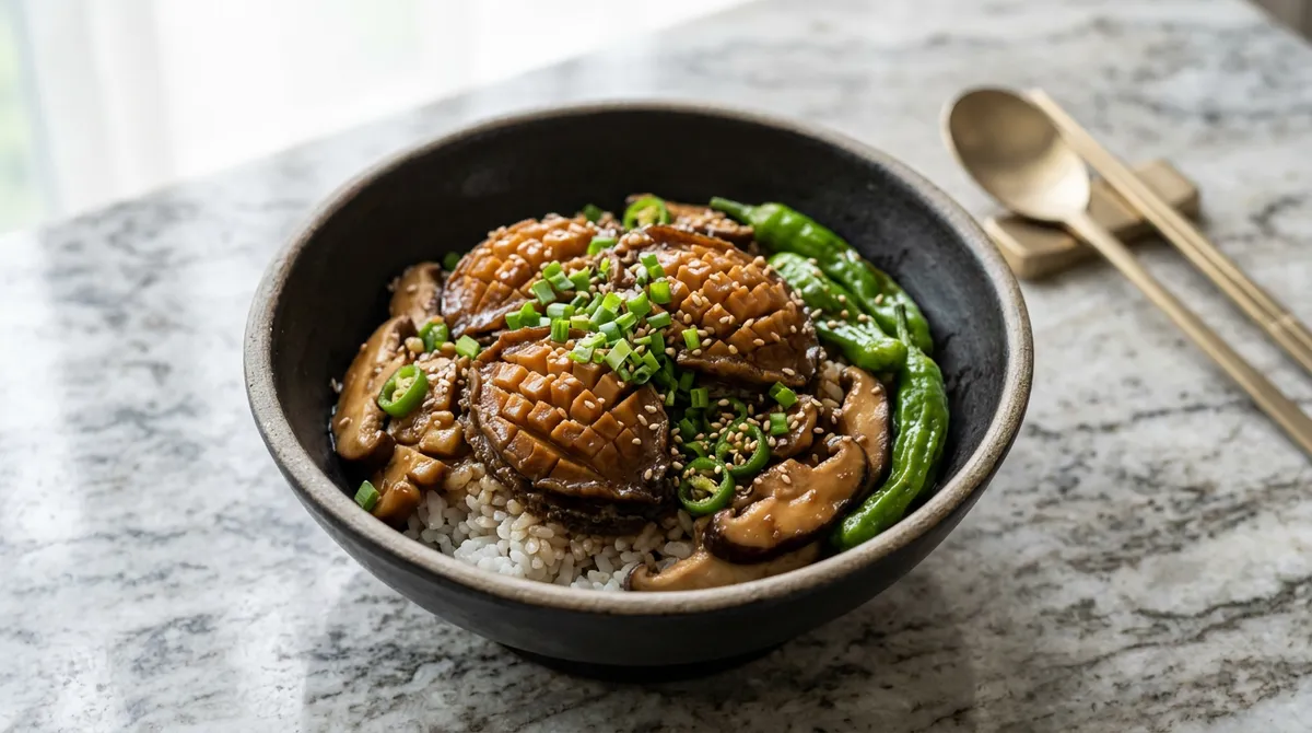 Abalone Rice Bowl - Steam for 3 Hours Until Spoon-Tender and Pair with Mushroom Soy Sauce
