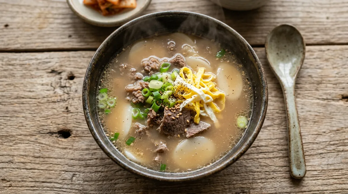 소고기떡국, 고기 먼저 볶아서 육수 내니까 국물이 뽀얗게 나왔어요