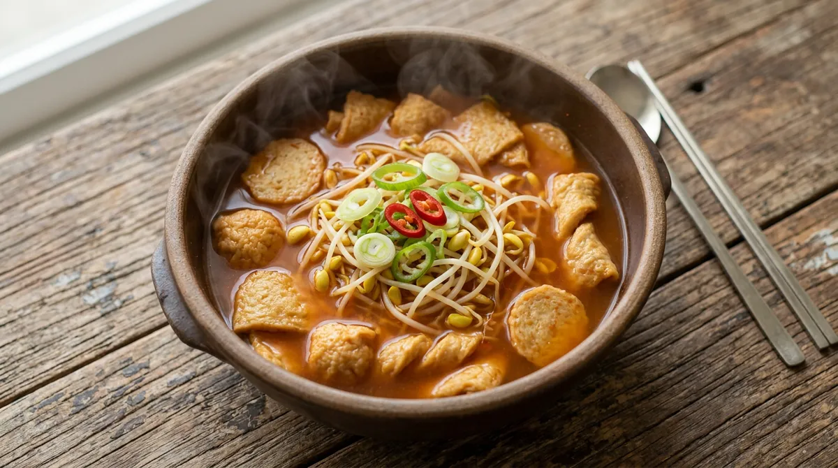 Bean Sprout and Fish Cake Stew - Dissolving Seasoning in Anchovy Broth and Adding Fish Cakes and Bean Sprouts Makes It Quickly Refreshingly Spicy