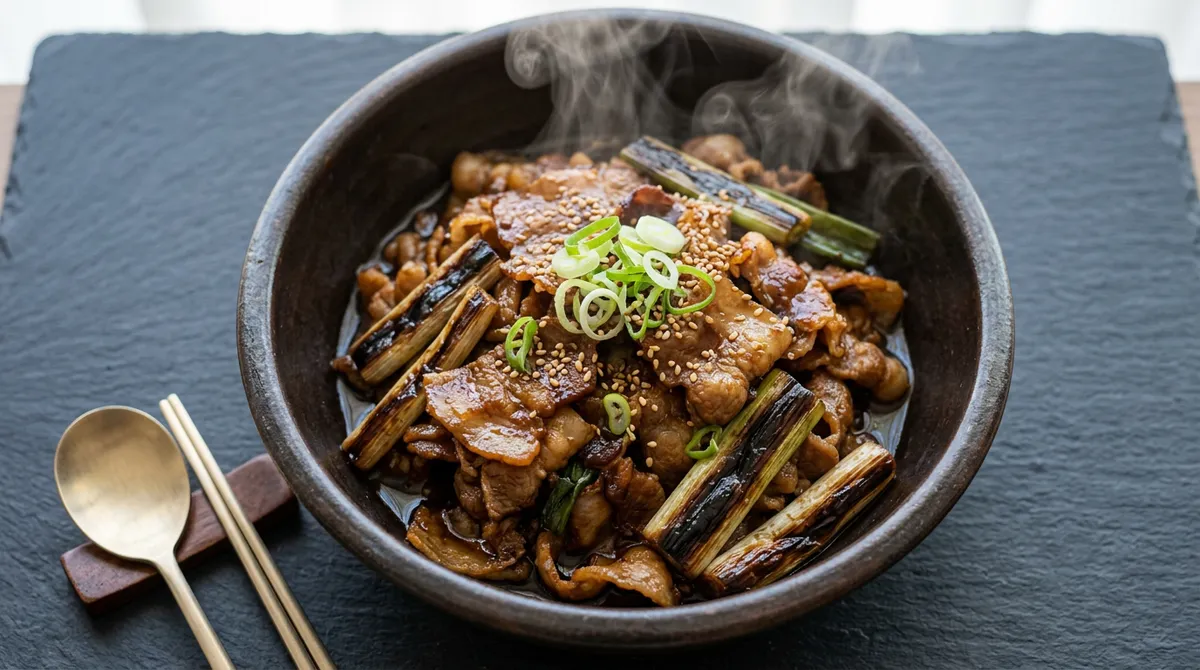 Shaved Pork Belly Soy Sauce Braised, Grill Green Onions Without Oil First for Sweetness