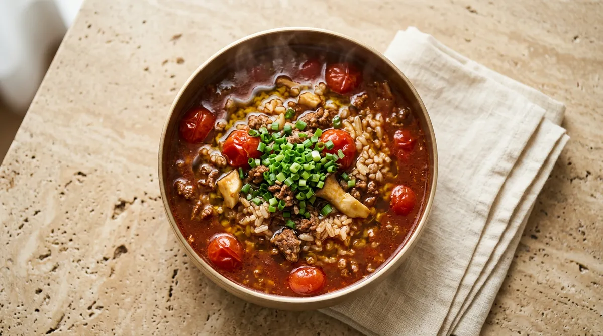 토마토 스튜 솥밥, 다짐육이랑 방울토마토 넣고 30분 끓이면 국물이 진해져요