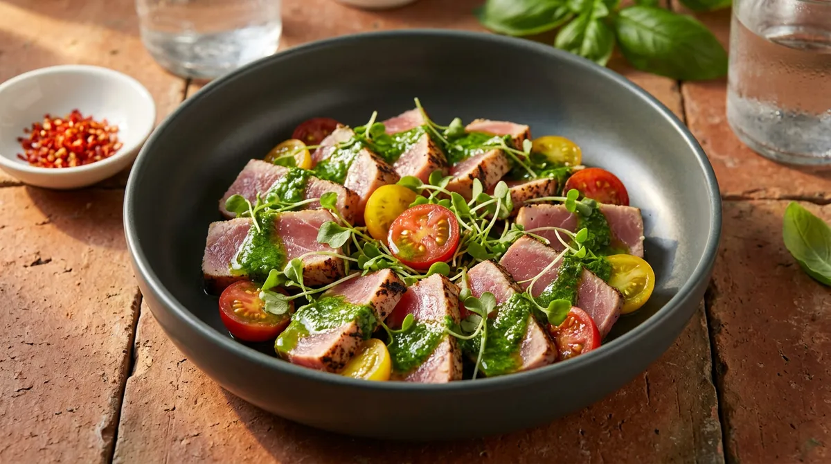 Tuna Tataki with Herb Oil - Blanching and Blending Basil Creates a Beautiful Color