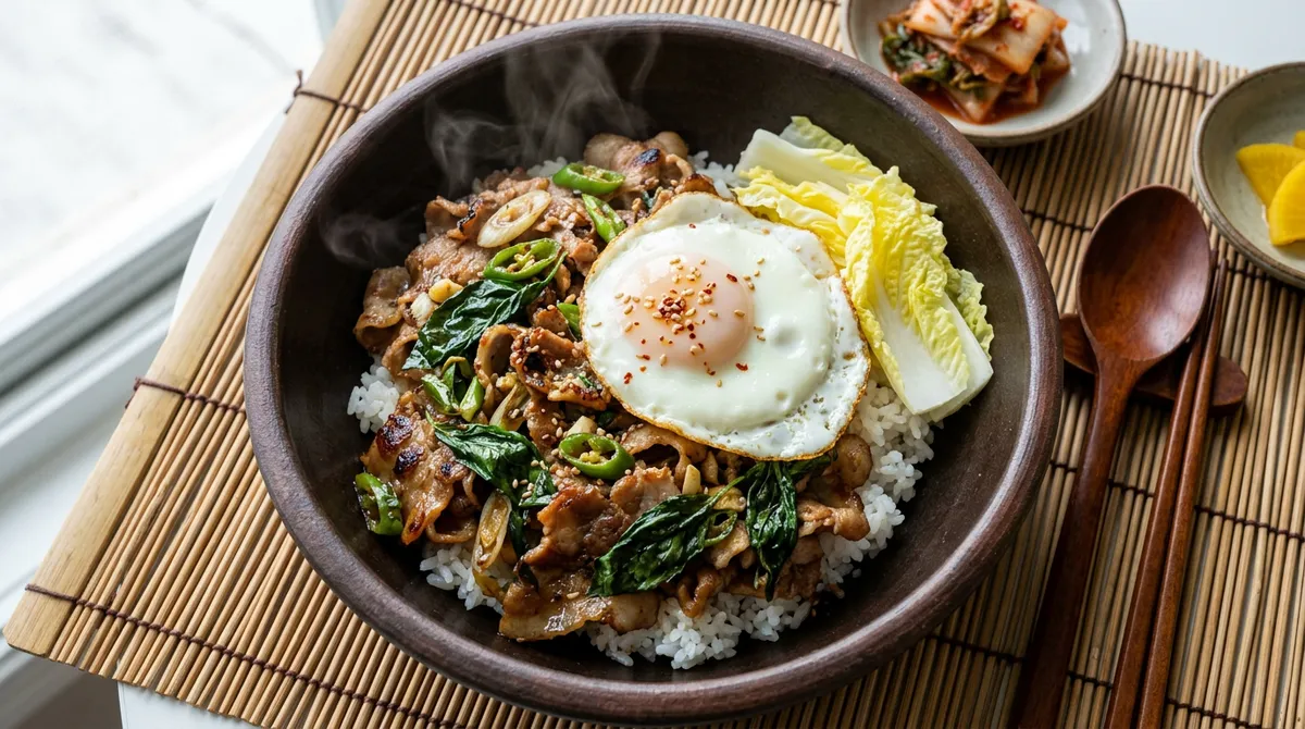 대패삼겹 바질 덮밥, 오일 없이 볶았더니 기름기가 딱 빠져요