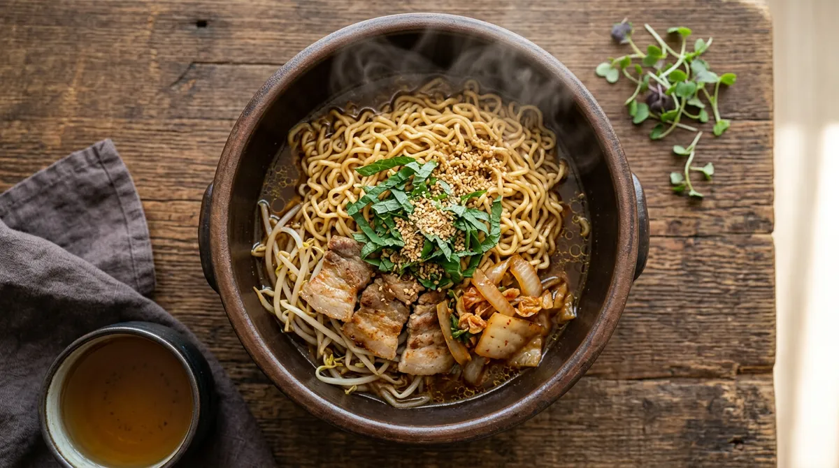 간장 들기름 라면, 삼겹살 기름으로 채소 볶으니까 국물 맛이 살아요