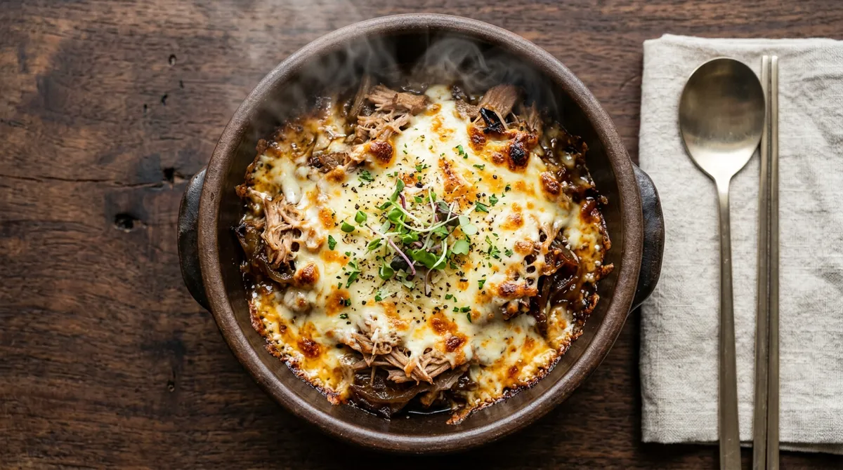 돼지 뒷다리 콩피 치즈 그라탕, 으깬 고기에 치즈 덮으니까 완전 다른 음식이 돼요