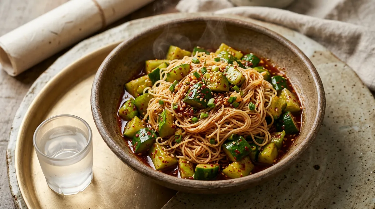 Fire Chicken Cucumber Tangtan, Mixed with Capellini Pasta for a Totally Different Twist
