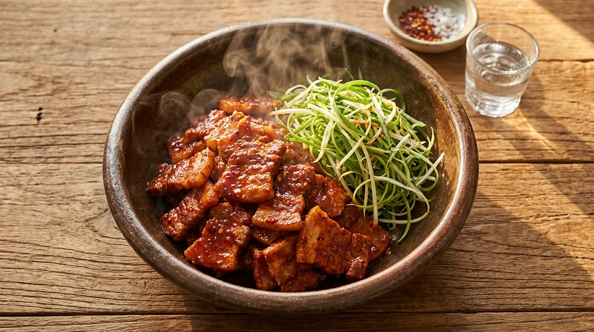 고추장삼겹살구이, 파채랑 같이 먹으면 느끼함이 딱 잡혀요