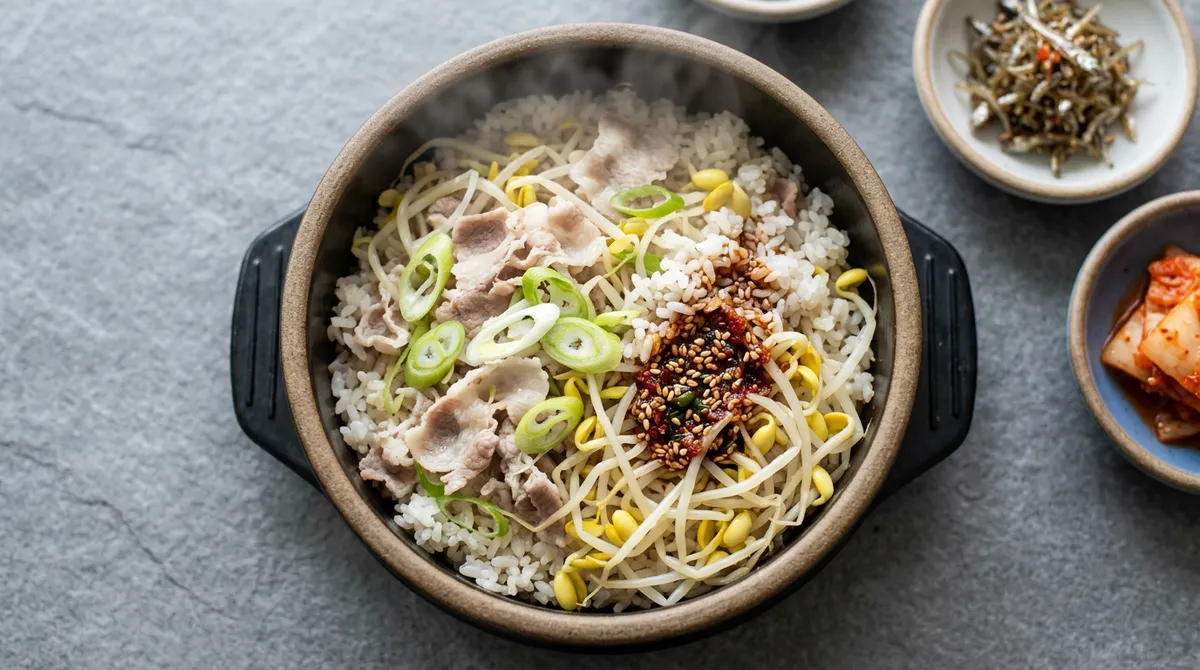 Bean Sprout Pot Rice, Topped Ingredients on Leftover Rice and Steamed for 10 Minutes for Perfectly Fluffy Rice