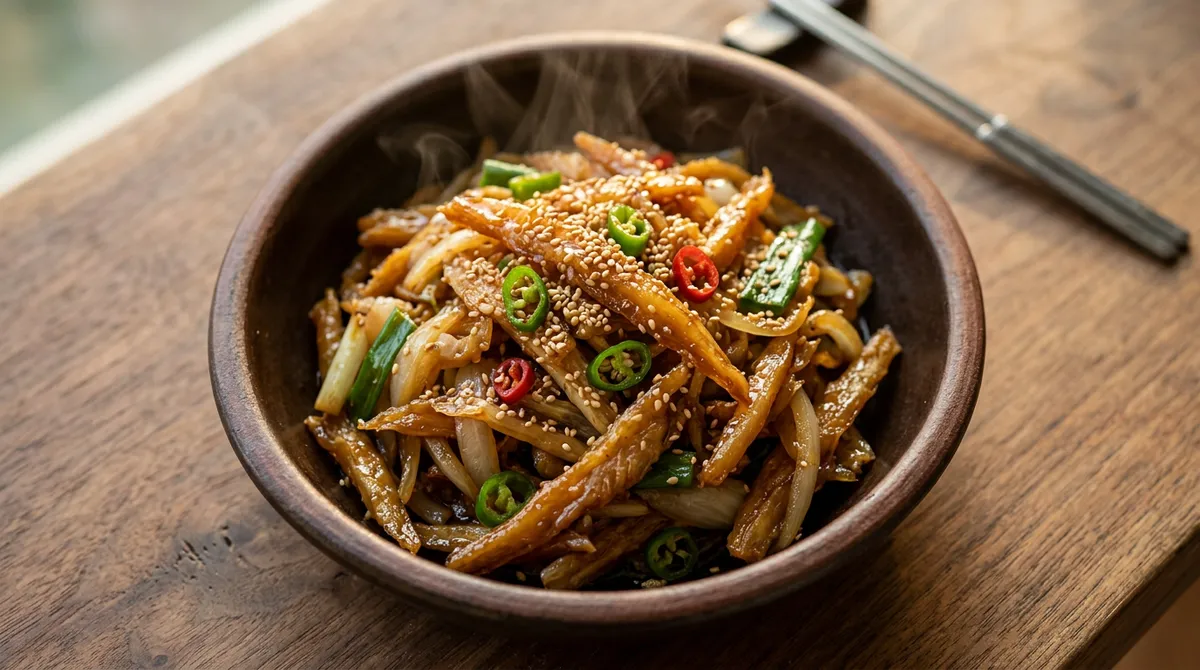 Stir-Fried Dried Pollack Strips (Hwangtaechae Bokkeum), Rendering Green Onion Oil First Makes It Completely Different in Nuttiness