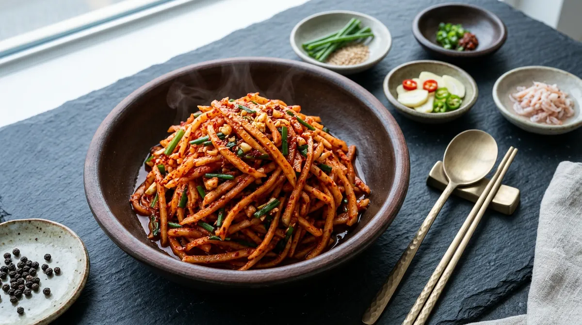 무생채, 색 먼저 입히고 양념 넣으면 보쌈집 맛 나요