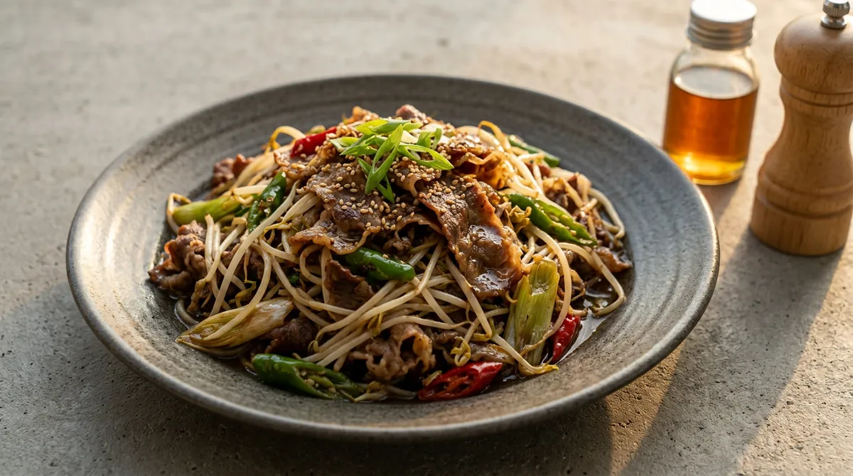 Beef Brisket and Bean Sprout Stir-Fry - Enough Green Onion Oil for Izakaya Flavor