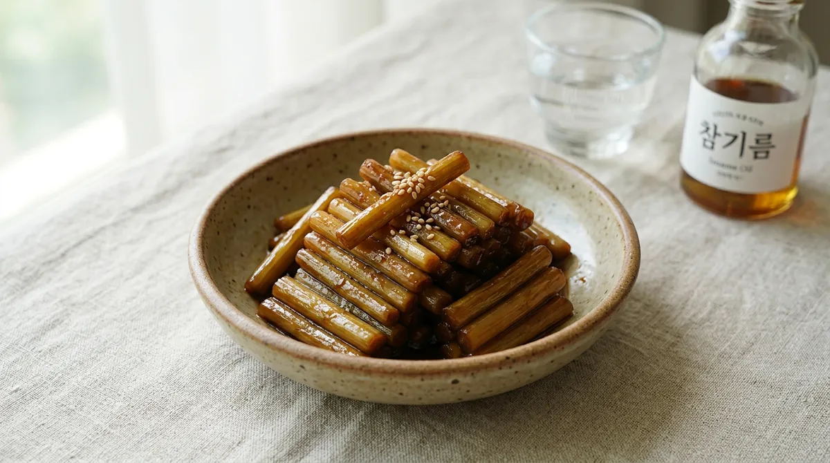 마늘쫑조림, 데쳐서 약불로 10분 졸이면 색이 예쁘게 배어요