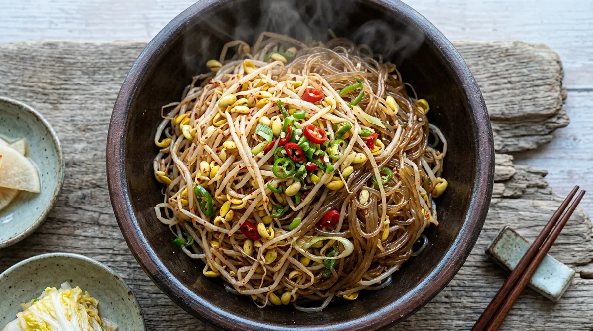콩나물당면무침, 콩나물 무침이랑 볶은 당면 섞으니까 완전 새로운 맛이에요