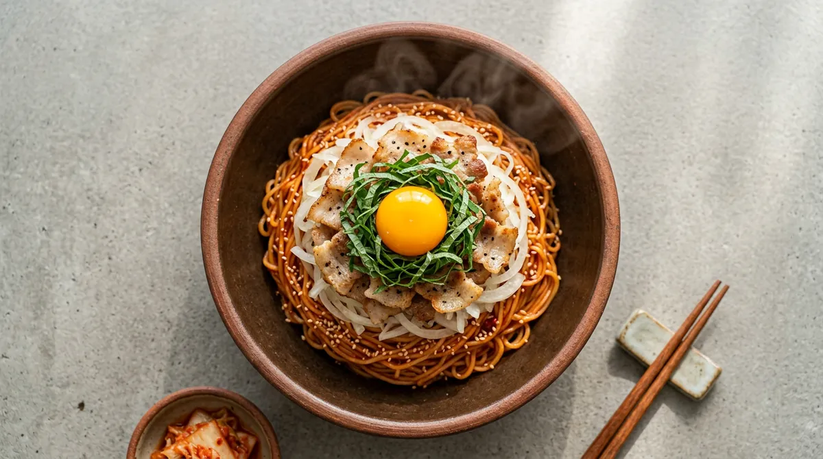Spicy Mixed Noodles with Gochujang, Topping with Shaved Pork Belly and Egg Yolk Takes It to a Whole New Level