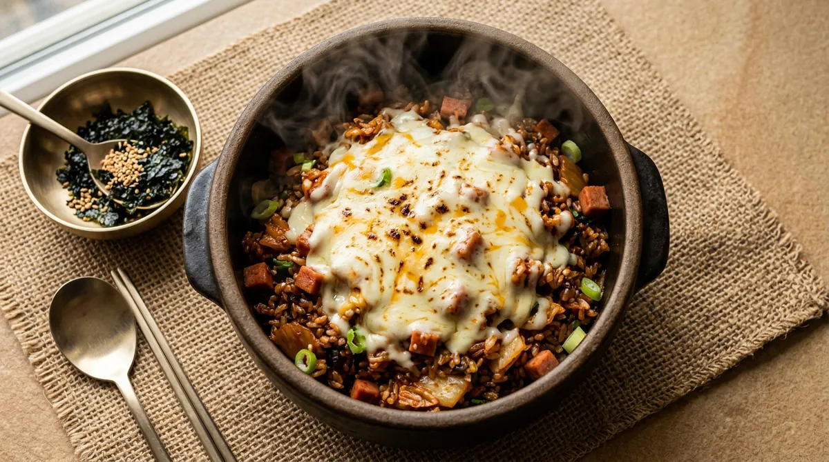 치즈 김치볶음밥, 마요네즈에 치즈 녹여서 올리니까 완전 다른 맛이에요