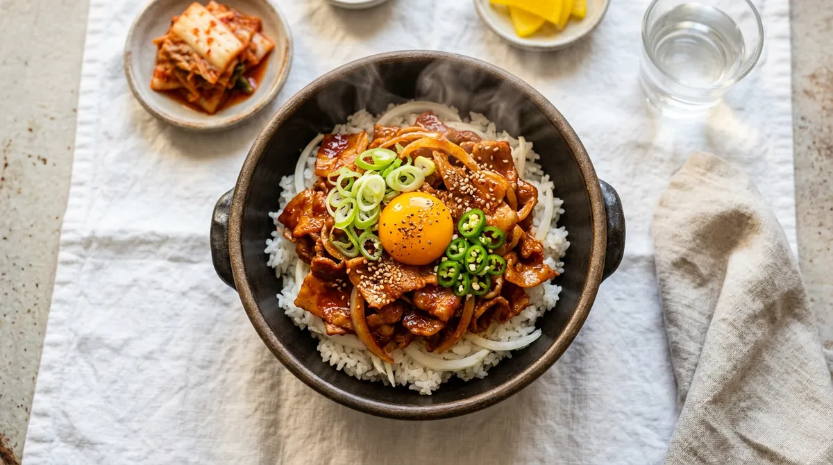 제육덮밥, 대패삼겹 노릇하게 굽고 양념 넣으면 밥도둑이에요