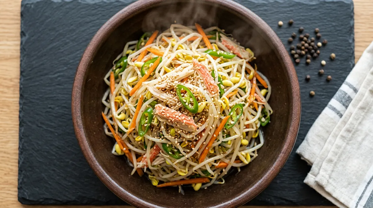 숙주나물무침, 녹두껍질 털어내고 3분만 삶으면 아삭하게 무쳐져요