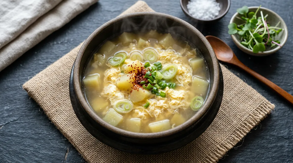 감자 계란국, 깍뚝 썬 감자 넣고 끓이다가 계란물 부으면 끝이에요