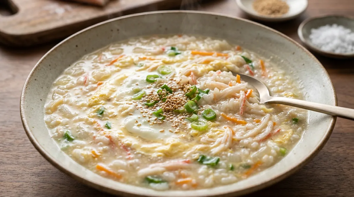 Egg Rice Porridge with Shredded Crab Sticks - Finished a Full Bowl Even When Feeling Sick
