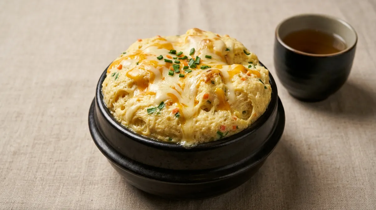 뚝배기 폭탄계란찜, 계속 저어주다 치즈 올리고 약불로 마무리해요