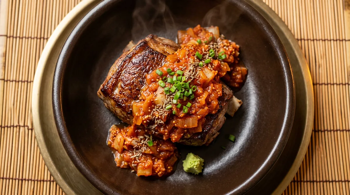 숄더랙에 김치 토마토 처트니, 마이야르 잘 잡고 소스 얹으면 끝이에요