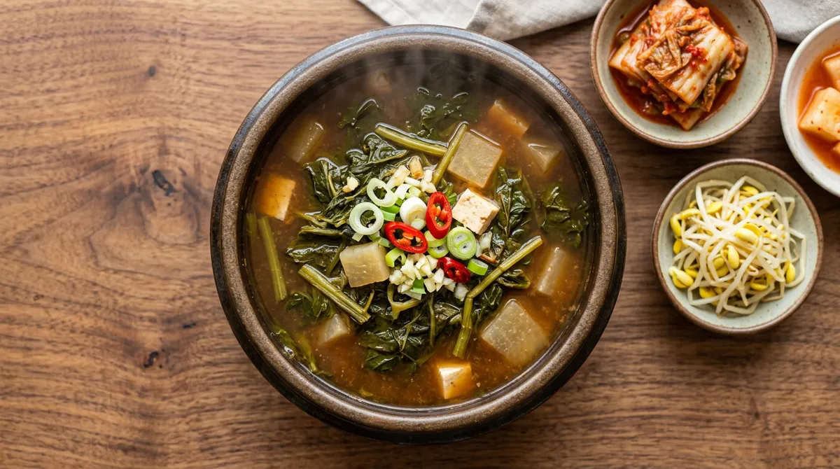 Mallow Doenjang Soup, Simmering with Radish Makes the Broth Much Deeper in Flavor