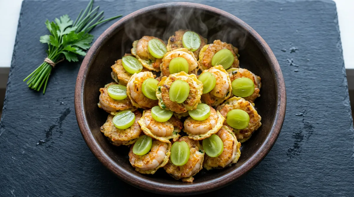 청포도 새우전, 새우 위에 청포도 올리면 상큼함이 달라요