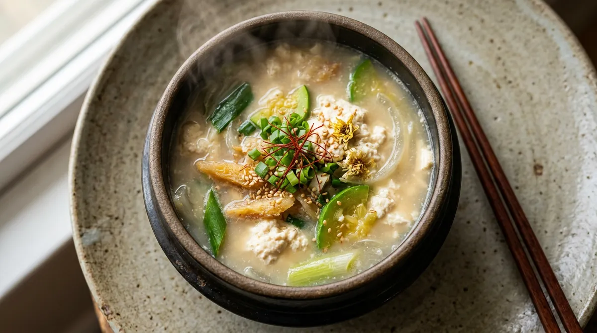 Dried Pollack and Soft Tofu Soup, Starting with Less Water Creates a Milky White Broth