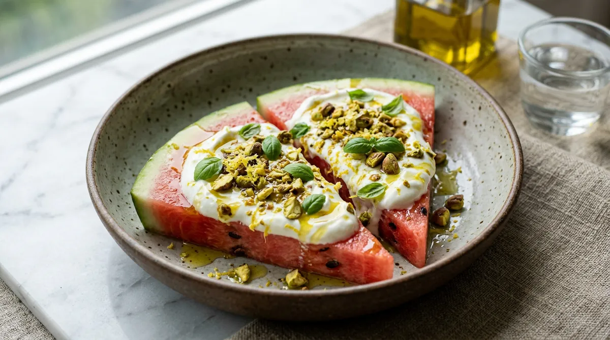 Watermelon Pizza, Topped with Pistachios and Drizzled with Olive Oil for a Home Cafe Vibe