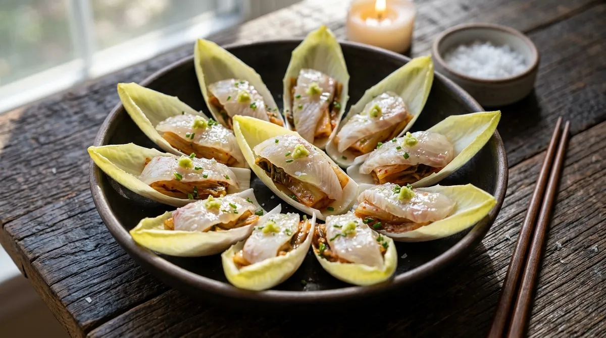 Flounder Sashimi Wrap - Endive with Aged Kimchi and a Squeeze of Lime Is All You Need