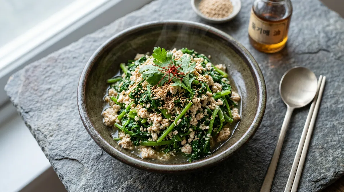Seasoned Crown Daisy and Tofu, Boil and Squeeze the Tofu Dry for Best Flavor Absorption