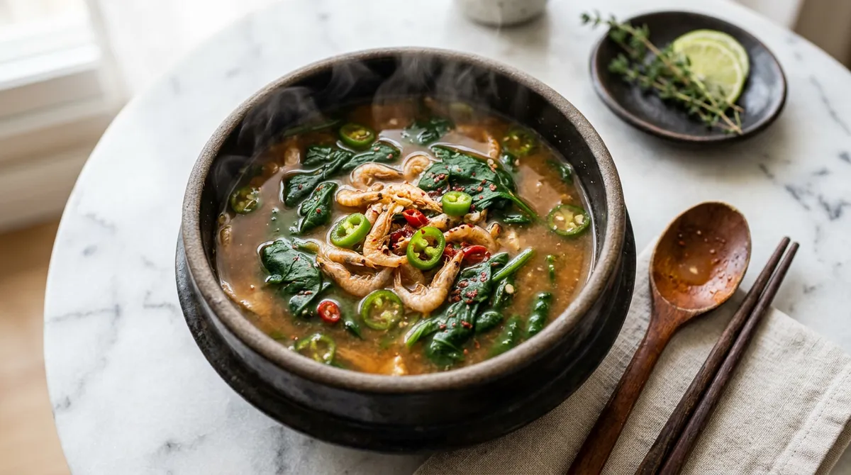 Spinach Doenjang Soup - Adding Dried Shrimp and Salted Shrimp Completely Changes the Richness