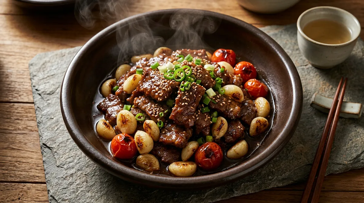 소고기 갈비살에 쌈장소스 부어먹기, 마늘이랑 방울토마토가 같이 구워지면 진짜 맛있어요