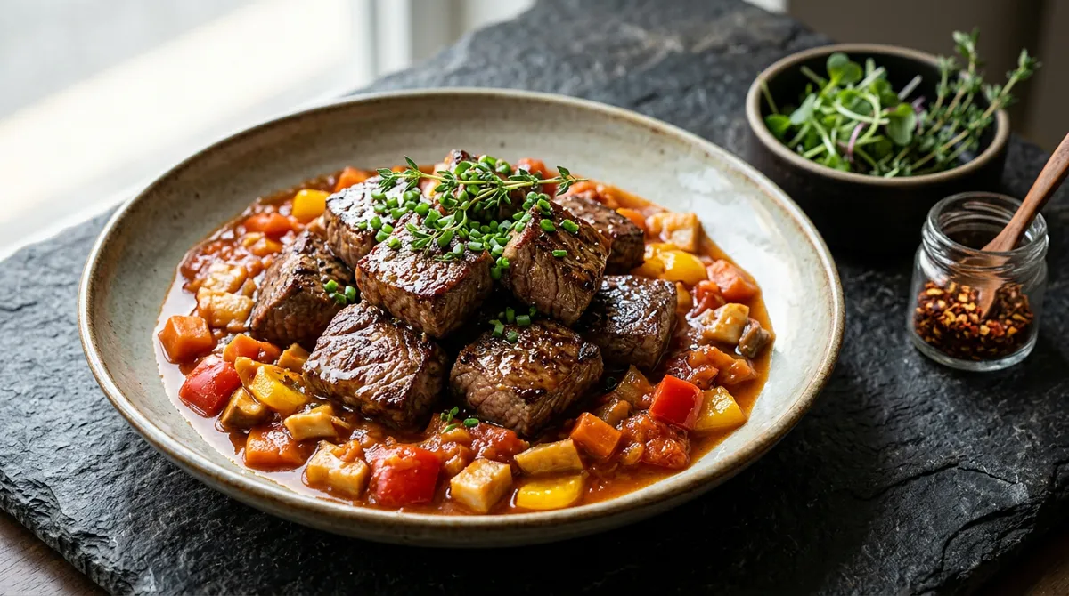소고기 큐브 스테이크, 토마토 채소 소스가 고기만큼 맛있어요