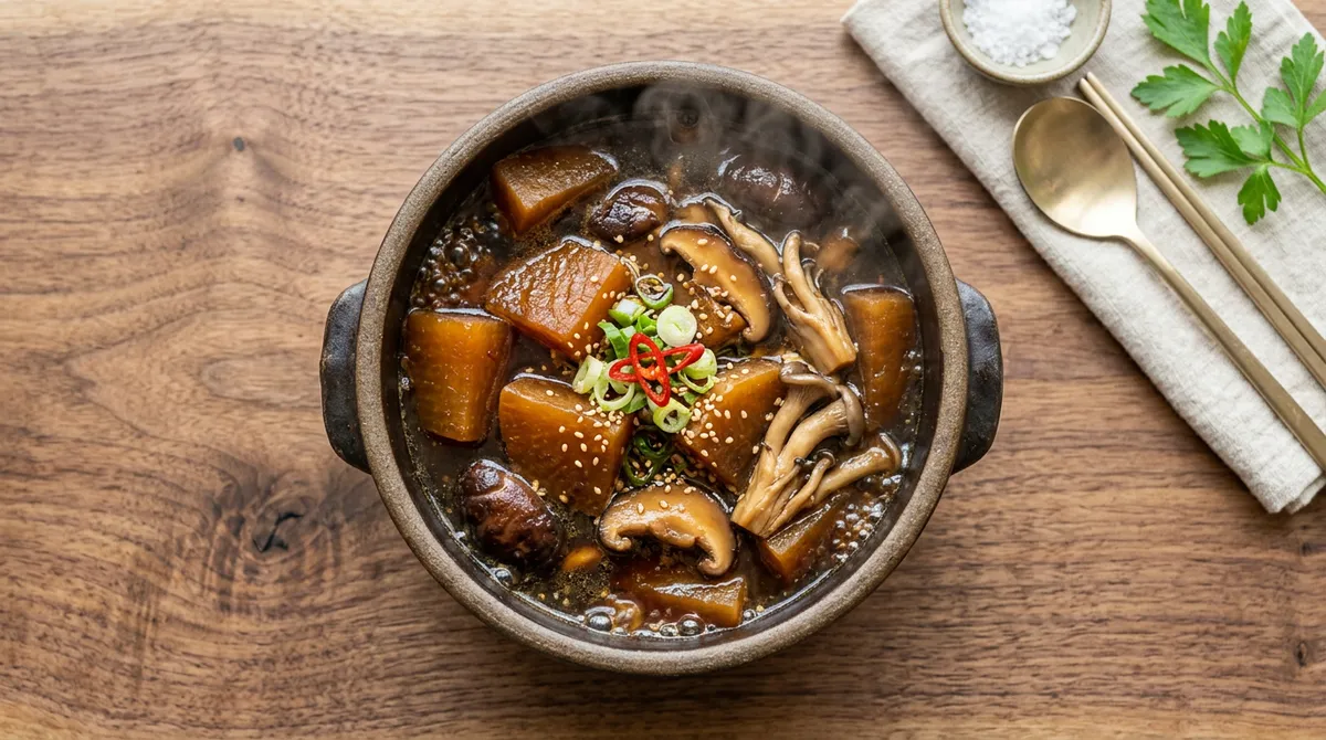 Braised Radish – Adding Anchovies and Mushrooms and Braising in Dark Soy Sauce Makes a Rich Broth That Disappears a Full Bowl of Rice
