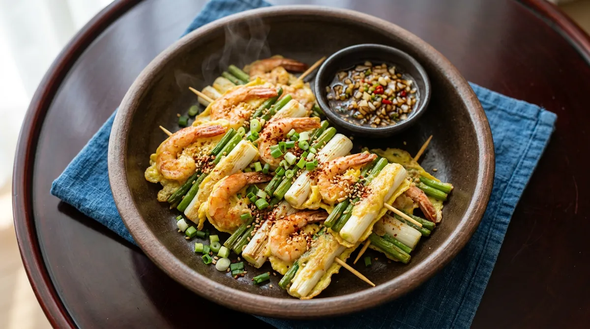 통새우마늘쫑대파전, 이쑤시개로 꿰어서 구우면 모양도 맛도 완벽해요