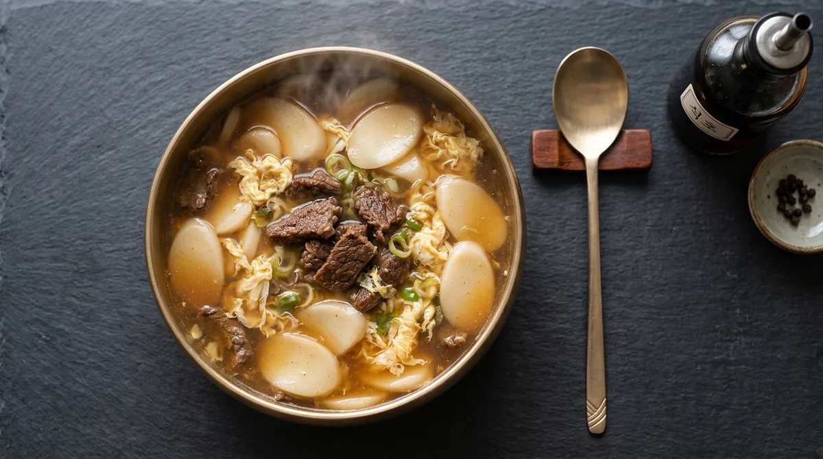 Tteokguk (Rice Cake Soup) - Searing Beef with Soup Soy Sauce Until Caramelized for a Totally Different Broth
